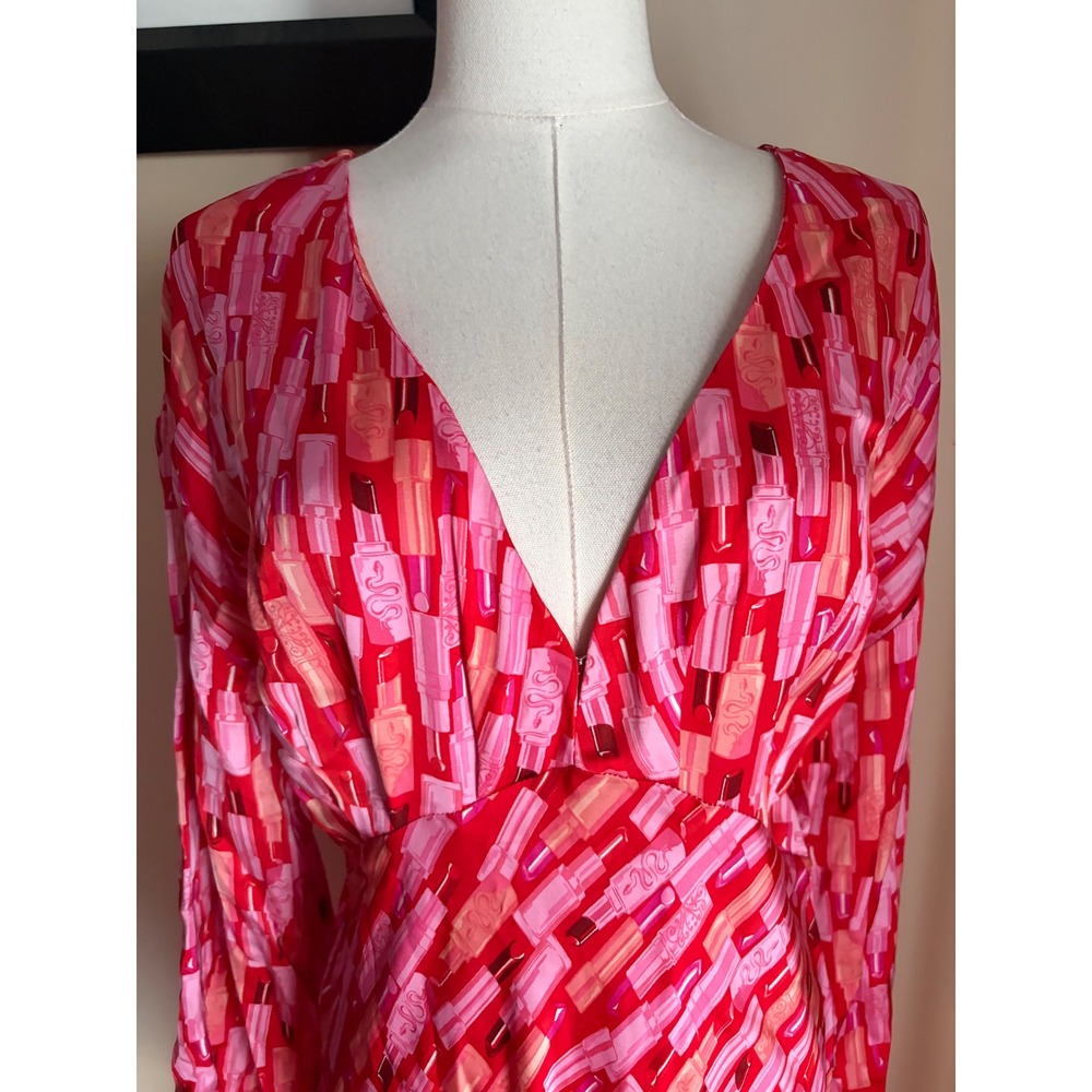 Never Fully Dressed Lipstick Print Emma Maxi Dress Red Pink Long Sleeve US 8 - Picture 5 of 9